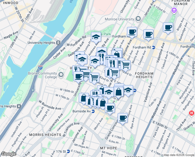 map of restaurants, bars, coffee shops, grocery stores, and more near 2176 Grand Avenue in Bronx