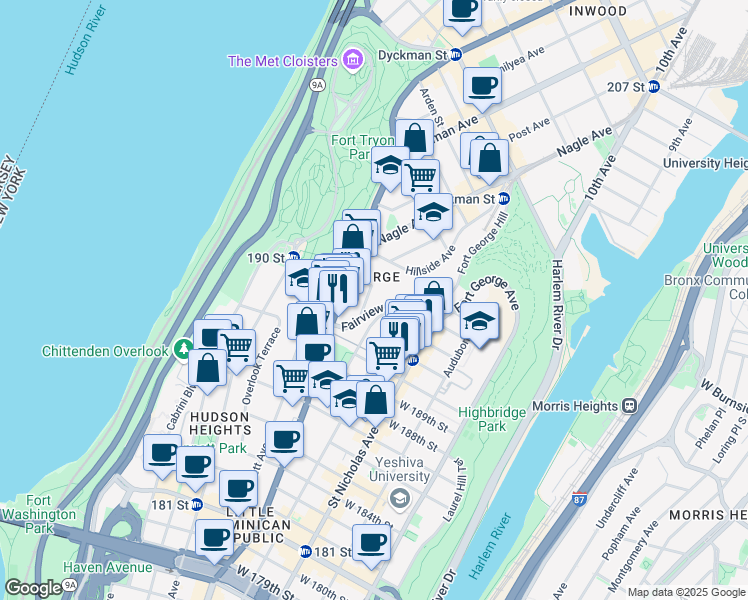 map of restaurants, bars, coffee shops, grocery stores, and more near 82-76 Wadsworth Terrace in New York