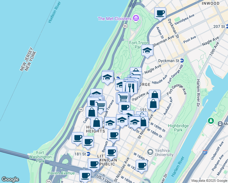 map of restaurants, bars, coffee shops, grocery stores, and more near in New York