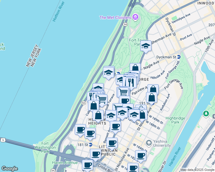 map of restaurants, bars, coffee shops, grocery stores, and more near 902 West 190th Street in New York