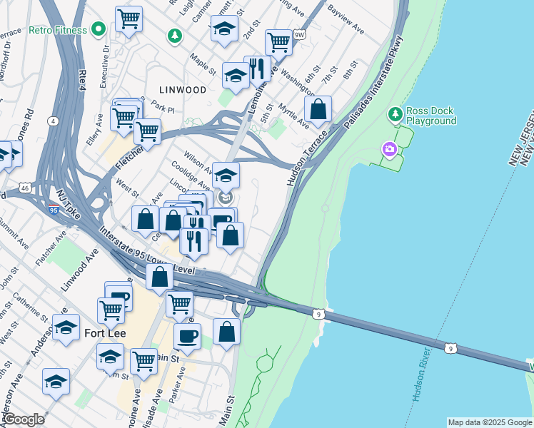 map of restaurants, bars, coffee shops, grocery stores, and more near in Fort Lee