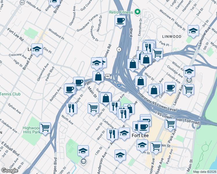 map of restaurants, bars, coffee shops, grocery stores, and more near 2040 Ellery Avenue in Fort Lee