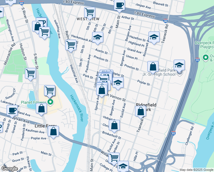 map of restaurants, bars, coffee shops, grocery stores, and more near 201 Main Street in Ridgefield Park