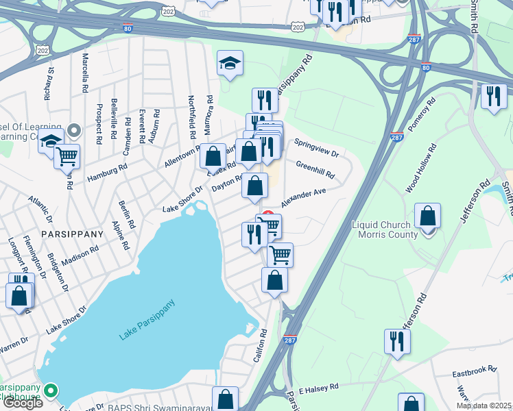 map of restaurants, bars, coffee shops, grocery stores, and more near 261 Parsippany Road in Parsippany-Troy Hills