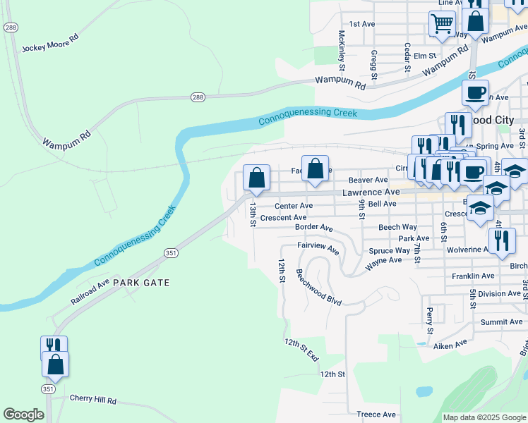 map of restaurants, bars, coffee shops, grocery stores, and more near 1211 Crescent Avenue in Ellwood City