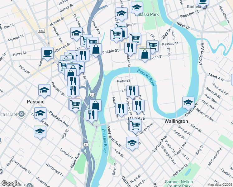 map of restaurants, bars, coffee shops, grocery stores, and more near 47 Anderson Avenue in Wallington