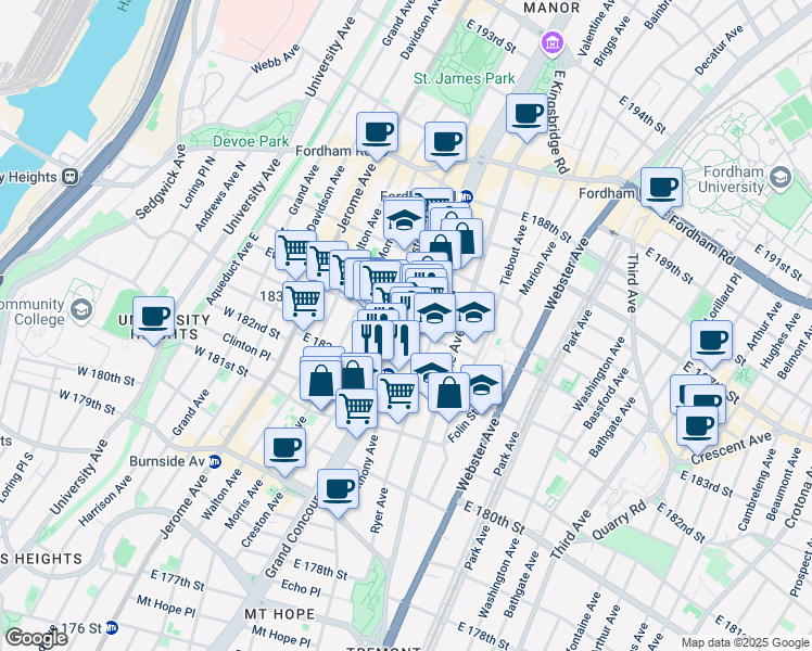 map of restaurants, bars, coffee shops, grocery stores, and more near Grand Concourse & E 183rd St in Bronx