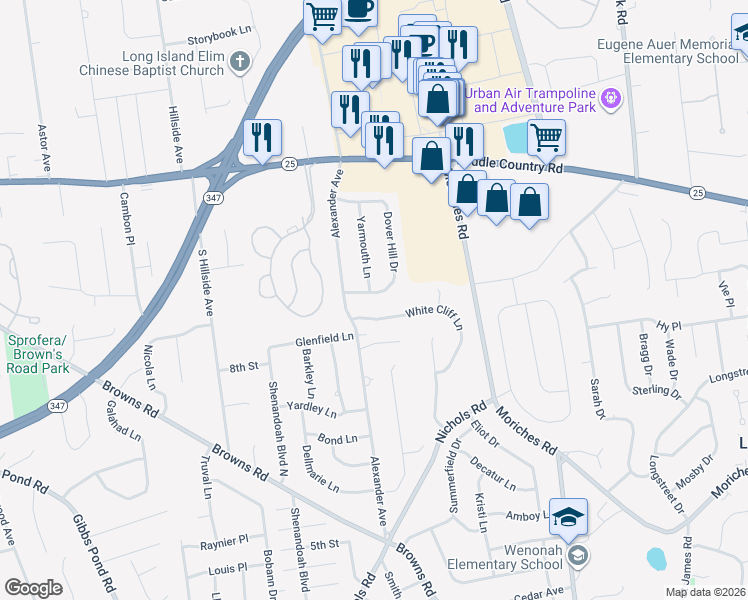 map of restaurants, bars, coffee shops, grocery stores, and more near 7 White Cliff Lane in Nesconset