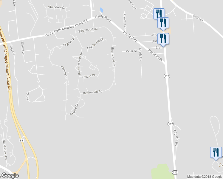 map of restaurants, bars, coffee shops, grocery stores, and more near 208 Birchwood Road in Coram