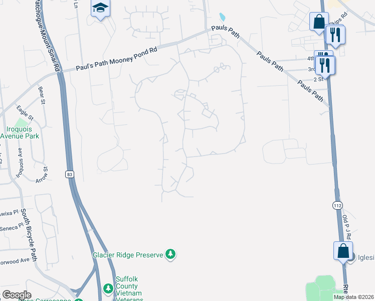 map of restaurants, bars, coffee shops, grocery stores, and more near 242 Brettonwoods Drive in Coram