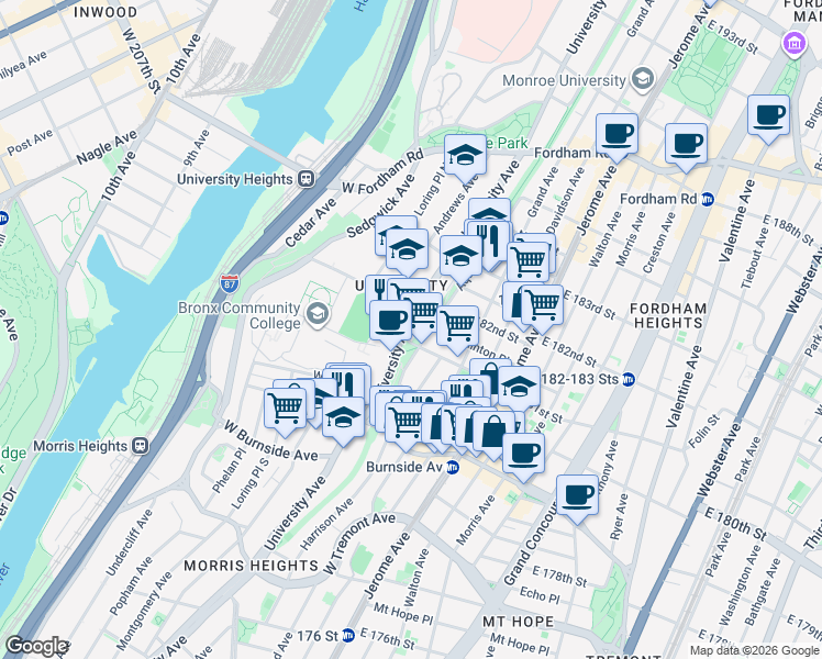 map of restaurants, bars, coffee shops, grocery stores, and more near 2150 University Avenue in The Bronx