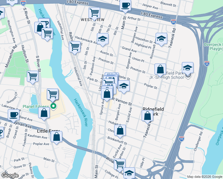 map of restaurants, bars, coffee shops, grocery stores, and more near Main Street in Ridgefield Park