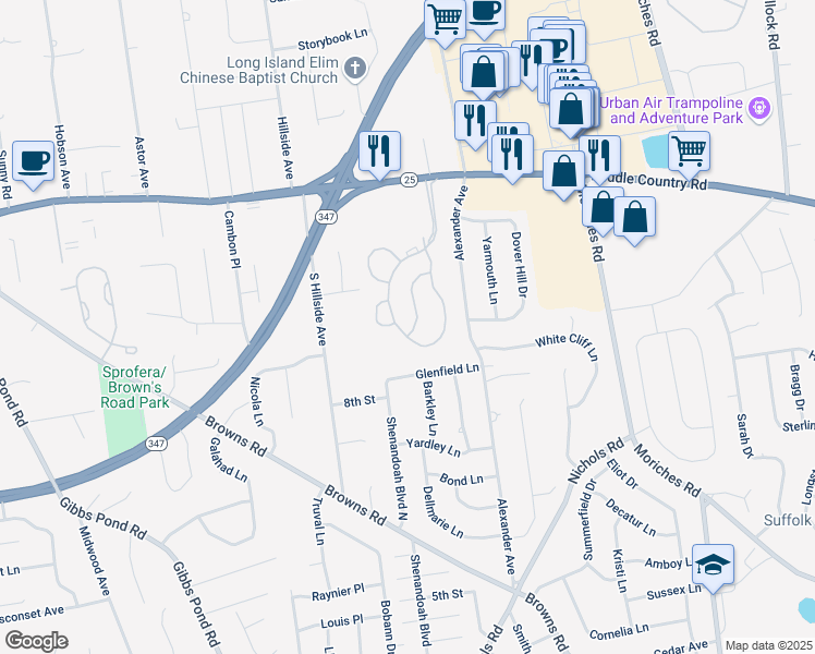 map of restaurants, bars, coffee shops, grocery stores, and more near 72 Deer Valley Drive in Nesconset