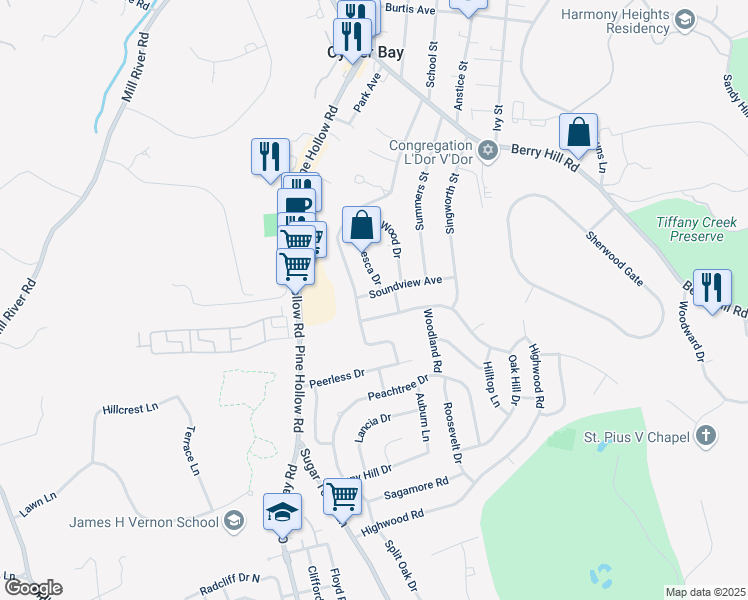 map of restaurants, bars, coffee shops, grocery stores, and more near 6 West Oak Hill Drive in Oyster Bay