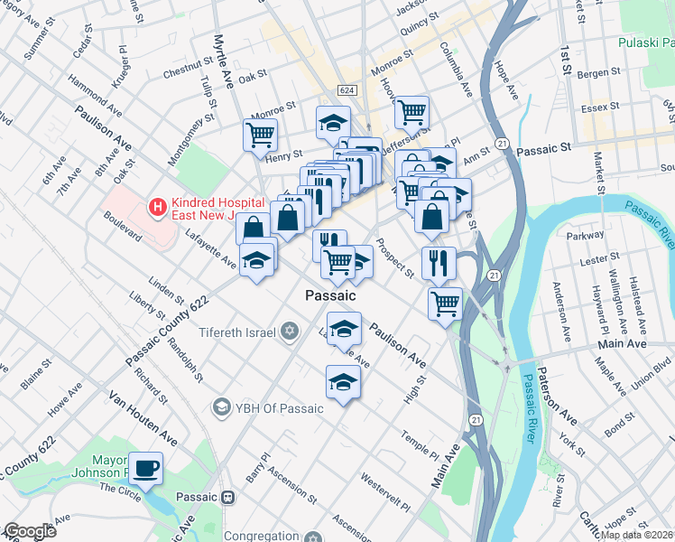 map of restaurants, bars, coffee shops, grocery stores, and more near in Passaic