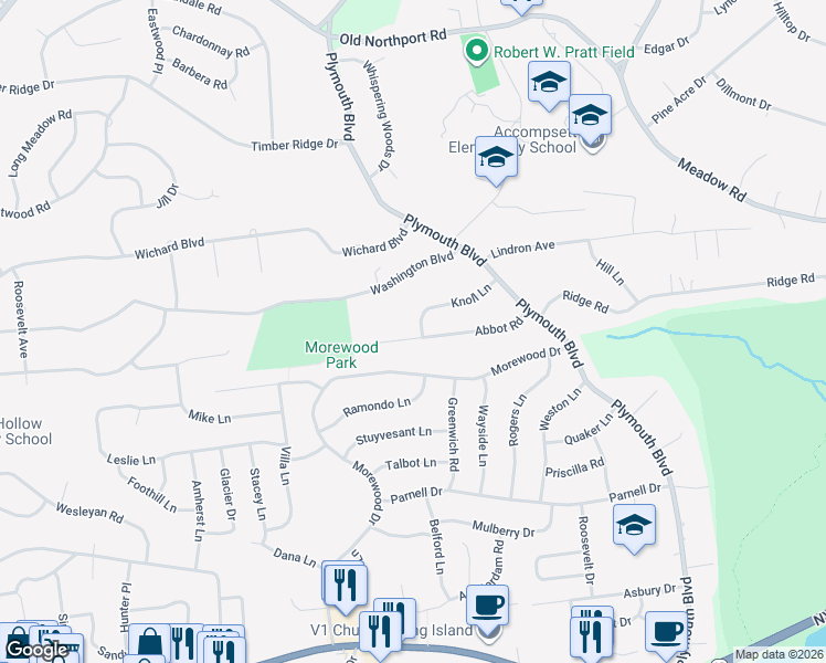 map of restaurants, bars, coffee shops, grocery stores, and more near 36 Abbot Road in Smithtown