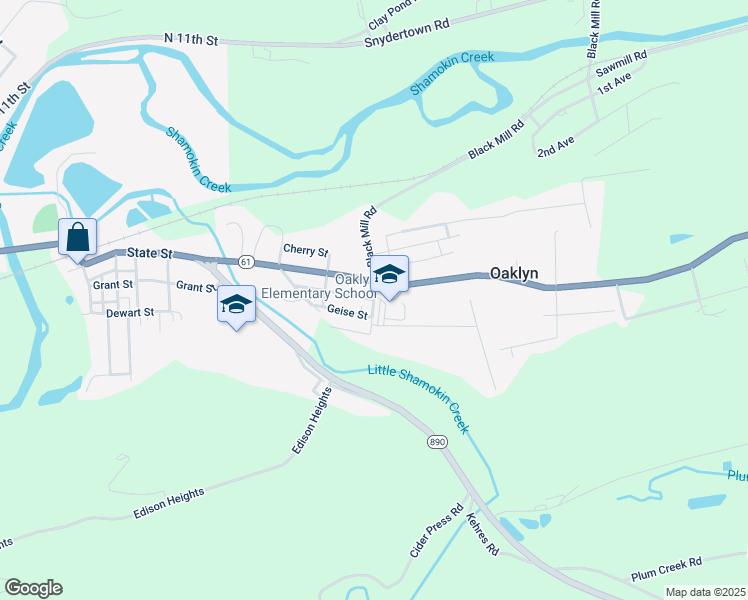 map of restaurants, bars, coffee shops, grocery stores, and more near Oak Street in Northumberland County