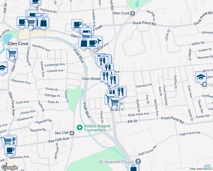 map of restaurants, bars, coffee shops, grocery stores, and more near 20 Cedar Swamp Road in Glen Cove