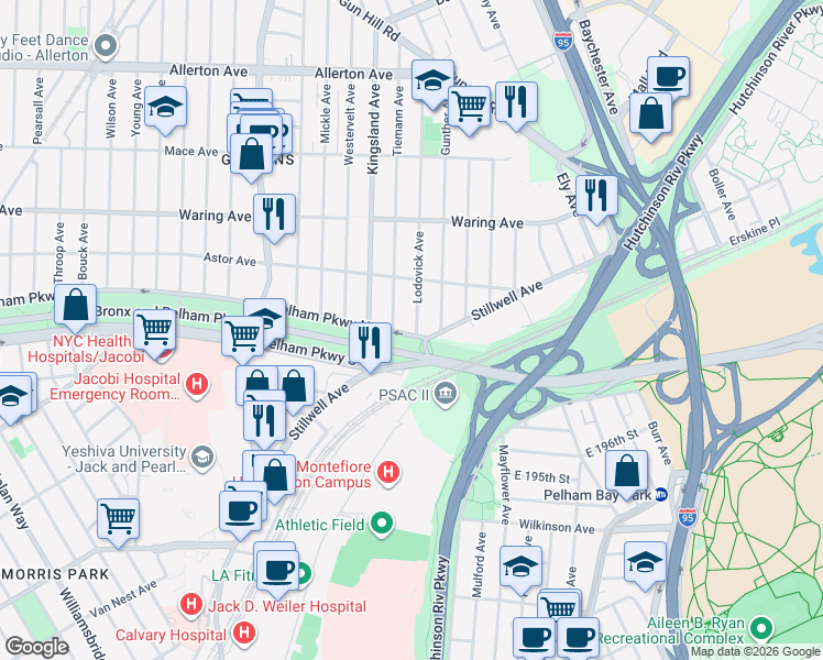 map of restaurants, bars, coffee shops, grocery stores, and more near 2201 Lodovick Avenue in The Bronx