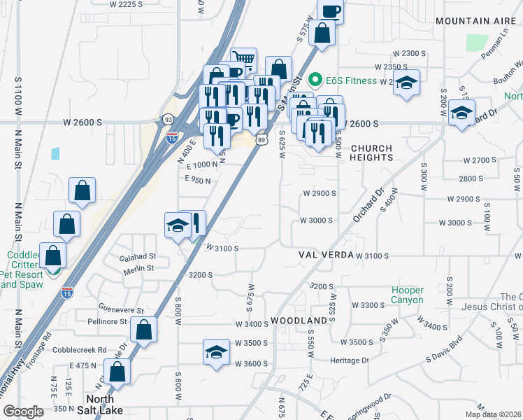 map of restaurants, bars, coffee shops, grocery stores, and more near 587 Eastpointe Circle in North Salt Lake