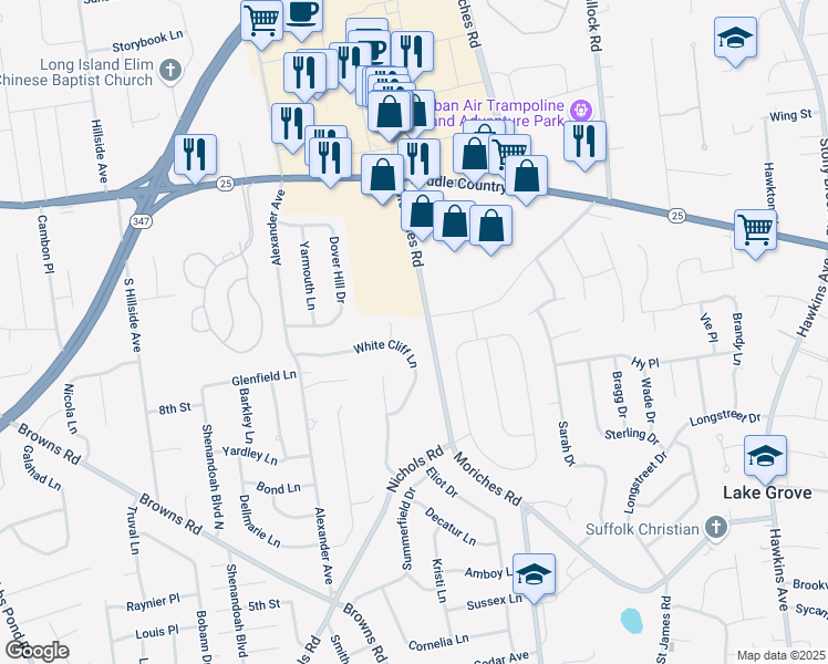 map of restaurants, bars, coffee shops, grocery stores, and more near 28 White Cliff Lane in Nesconset