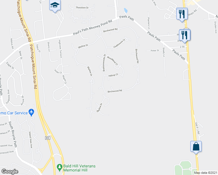 map of restaurants, bars, coffee shops, grocery stores, and more near 241 Birchwood Road in Coram
