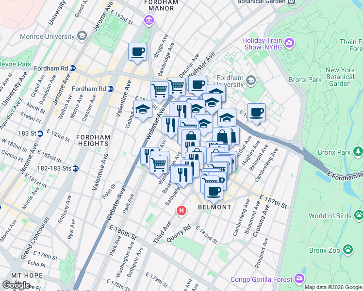 map of restaurants, bars, coffee shops, grocery stores, and more near 476 East 187th Street in Bronx
