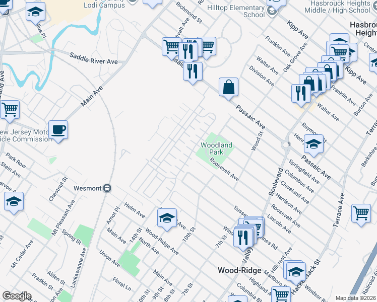 map of restaurants, bars, coffee shops, grocery stores, and more near 5 Lincoln Avenue in Hasbrouck Heights