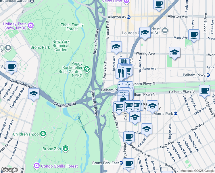 map of restaurants, bars, coffee shops, grocery stores, and more near 615 Pelham Parkway North in Bronx