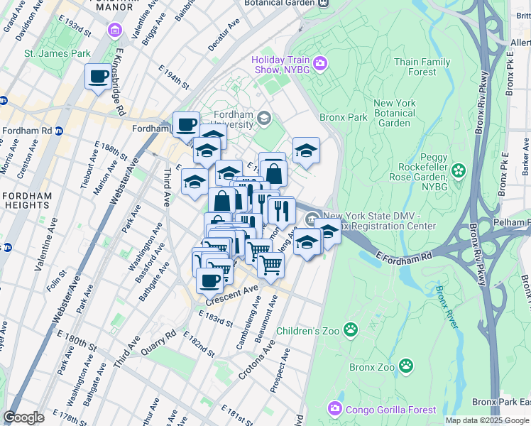 map of restaurants, bars, coffee shops, grocery stores, and more near 2471 Hughes Avenue in Bronx