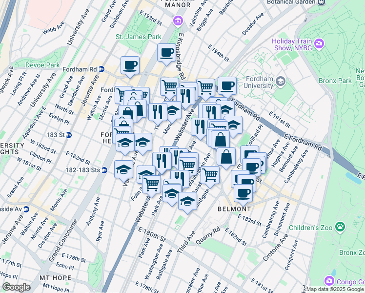 map of restaurants, bars, coffee shops, grocery stores, and more near in The Bronx