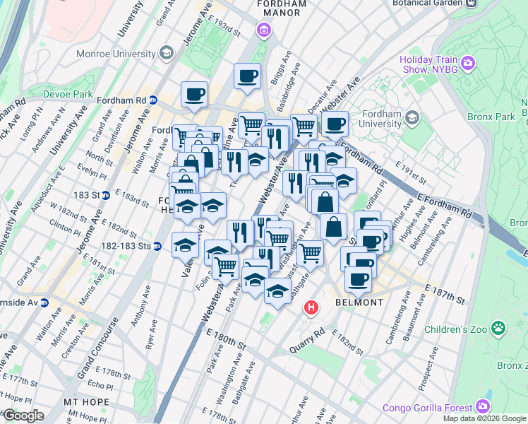 map of restaurants, bars, coffee shops, grocery stores, and more near in The Bronx