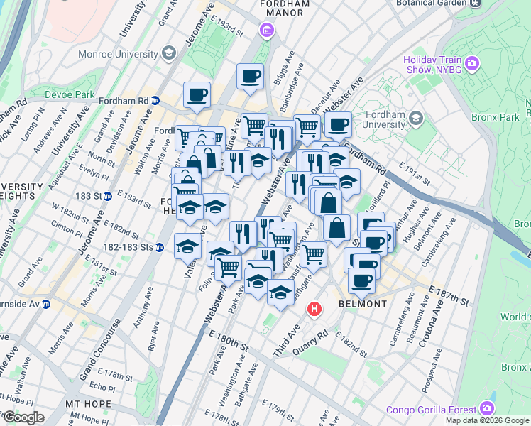 map of restaurants, bars, coffee shops, grocery stores, and more near in The Bronx