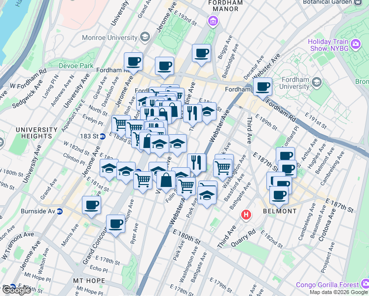 map of restaurants, bars, coffee shops, grocery stores, and more near in The Bronx