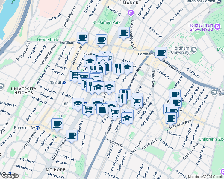 map of restaurants, bars, coffee shops, grocery stores, and more near in The Bronx