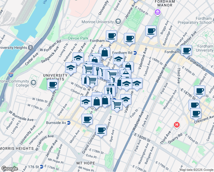 map of restaurants, bars, coffee shops, grocery stores, and more near 2244 Morris Avenue in Bronx