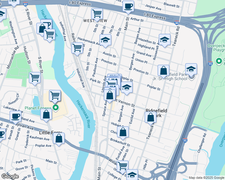 map of restaurants, bars, coffee shops, grocery stores, and more near 201 Main Street in Ridgefield Park
