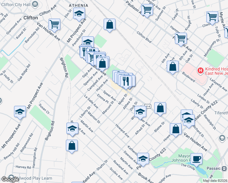 map of restaurants, bars, coffee shops, grocery stores, and more near 146 Speer Avenue in Clifton