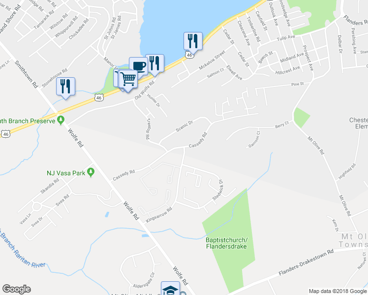 map of restaurants, bars, coffee shops, grocery stores, and more near 15 Kings Arrow Road in Mount Olive Township