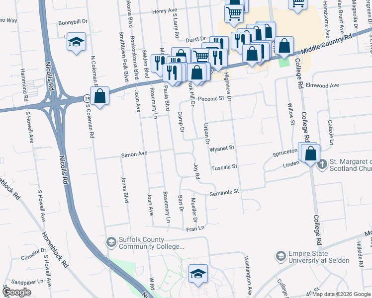 map of restaurants, bars, coffee shops, grocery stores, and more near 2 Joy Road in Selden