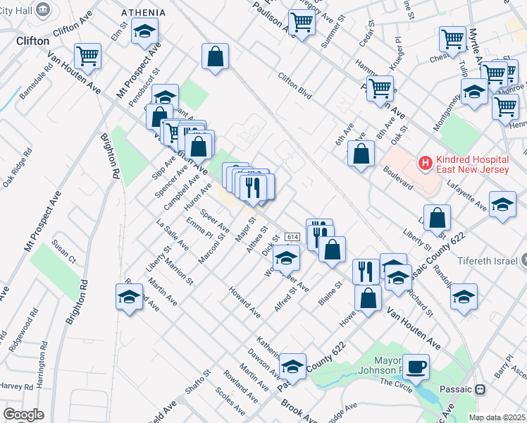 map of restaurants, bars, coffee shops, grocery stores, and more near 604 Van Houten Avenue in Clifton