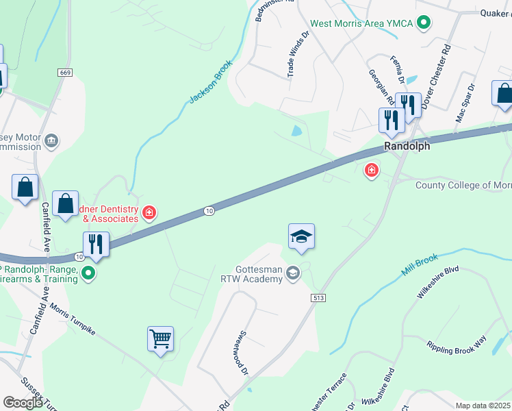 map of restaurants, bars, coffee shops, grocery stores, and more near 855 New Jersey 10 in Randolph