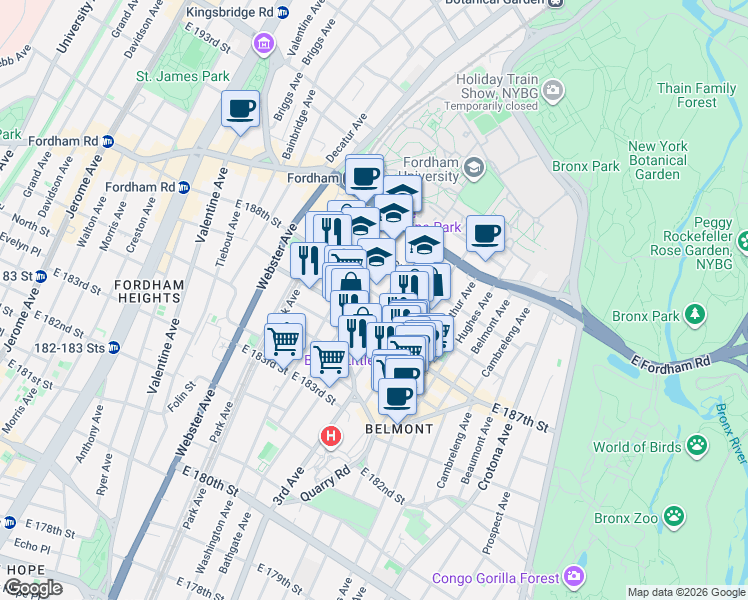 map of restaurants, bars, coffee shops, grocery stores, and more near 527 East 187th Street in Bronx