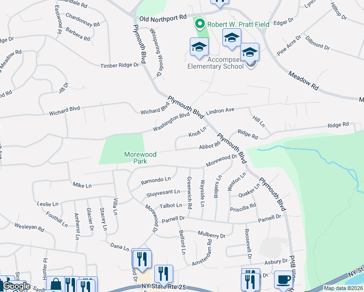 map of restaurants, bars, coffee shops, grocery stores, and more near 26 Abbot Road in Smithtown