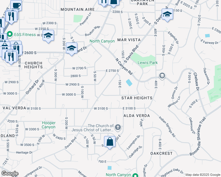 map of restaurants, bars, coffee shops, grocery stores, and more near 2913 South Davis Boulevard in Bountiful