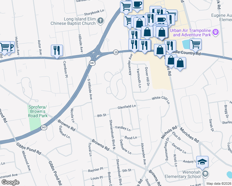 map of restaurants, bars, coffee shops, grocery stores, and more near 72 Deer Valley Drive in Nesconset