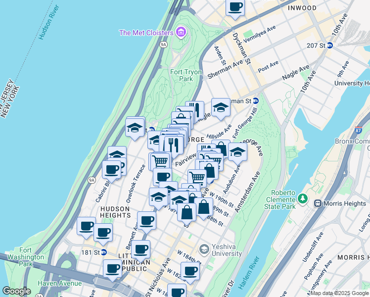 map of restaurants, bars, coffee shops, grocery stores, and more near 21 Broadway Terrace in New York