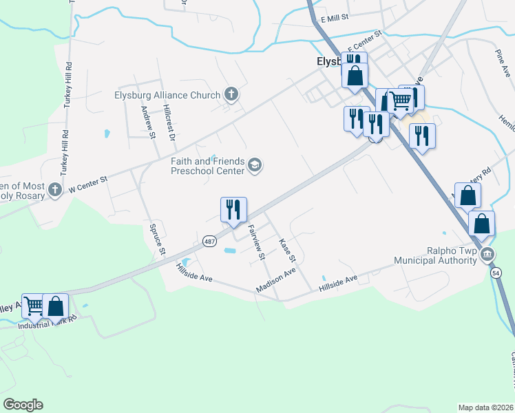 map of restaurants, bars, coffee shops, grocery stores, and more near Kase Street in Elysburg