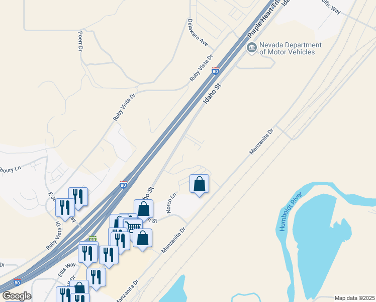 map of restaurants, bars, coffee shops, grocery stores, and more near 3650 East Idaho Street in Elko