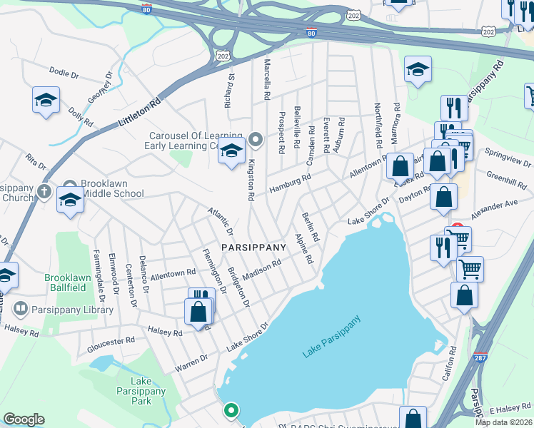 map of restaurants, bars, coffee shops, grocery stores, and more near 117 Marcella Road in Parsippany-Troy Hills